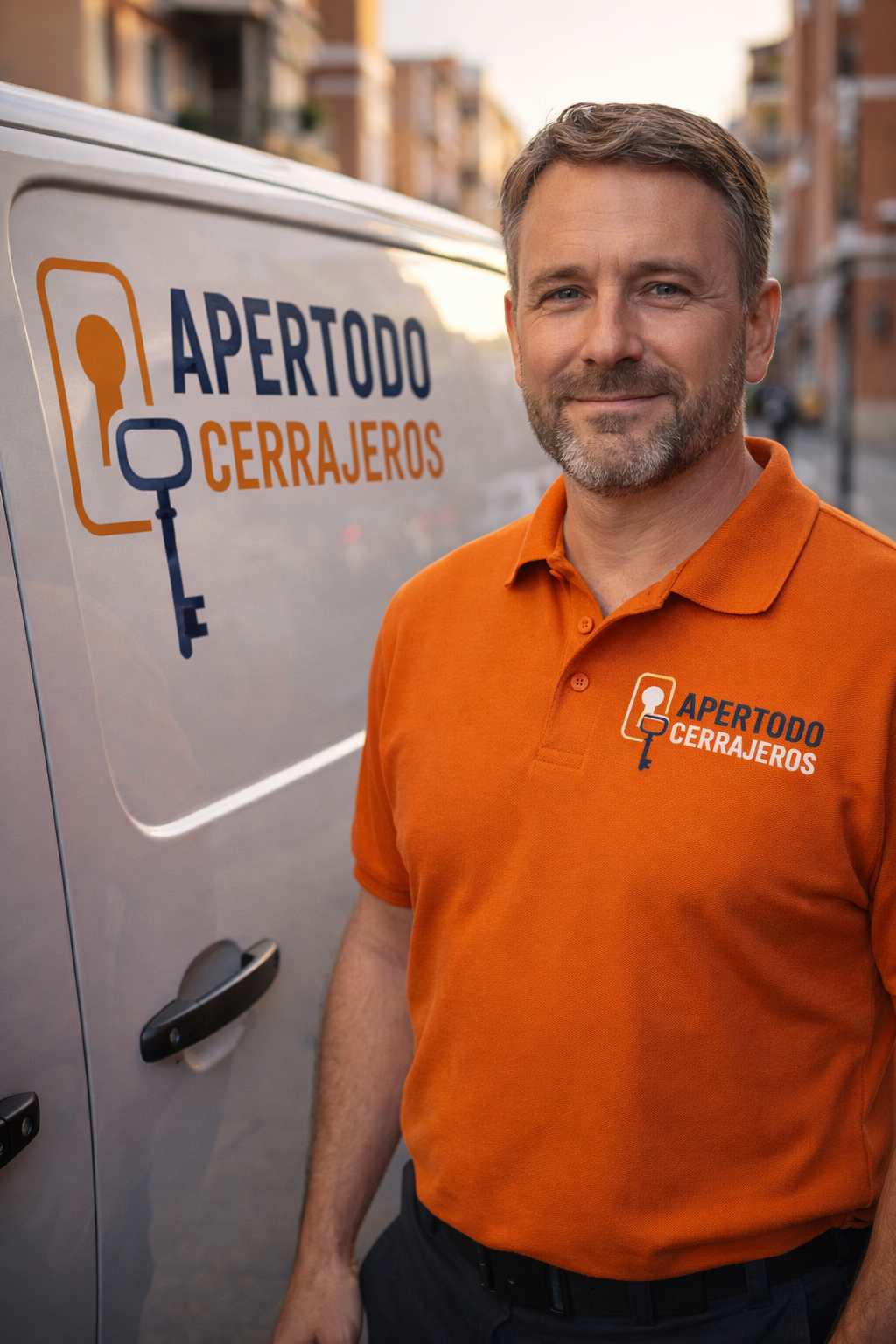 Profesional de Apertodo Cerrajeros junto a vehículo de servicio